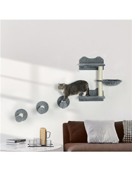 PawHut 4 Piece Cat Shelf with Scratching Post, Wall-Mounted Cat Tree for Indoor Cat - Grey - pic 146712 | FastDaddyshop