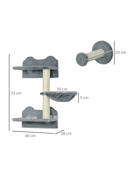 PawHut 4 Piece Cat Shelf with Scratching Post, Wall-Mounted Cat Tree for Indoor Cat - Grey - pic 146713 | FastDaddyshop