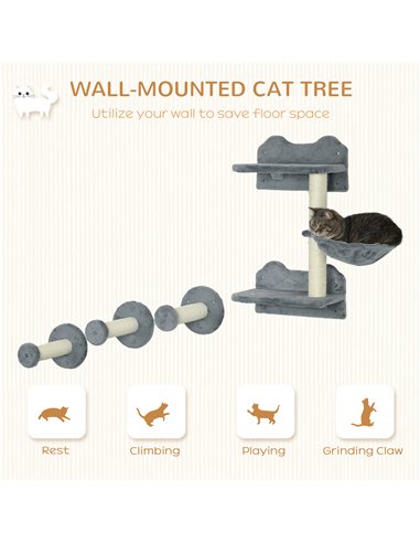 PawHut 4 Piece Cat Shelf with Scratching Post, Wall-Mounted Cat Tree for Indoor Cat - Grey