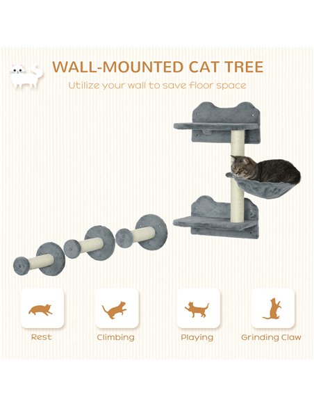 PawHut 4 Piece Cat Shelf with Scratching Post, Wall-Mounted Cat Tree for Indoor Cat - Grey - pic 146714 | FastDaddyshop