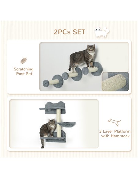 PawHut 4 Piece Cat Shelf with Scratching Post, Wall-Mounted Cat Tree for Indoor Cat - Grey - pic 146715 | FastDaddyshop