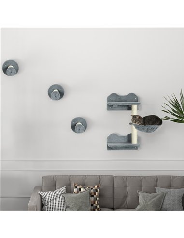 PawHut 4 Piece Cat Shelf with Scratching Post, Wall-Mounted Cat Tree for Indoor Cat - Grey