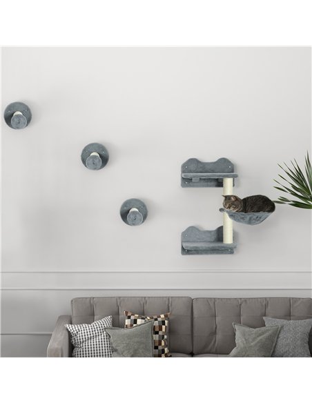 PawHut 4 Piece Cat Shelf with Scratching Post, Wall-Mounted Cat Tree for Indoor Cat - Grey - pic 146719 | FastDaddyshop