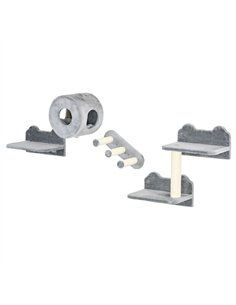 PawHut 4PCs Wall-Mounted Cat Tree, with Steps, Perch, Cat House - Grey