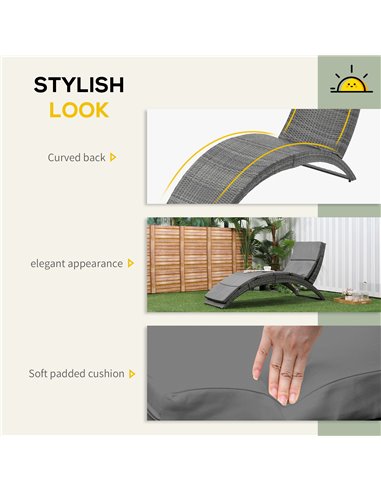 Outsunny Garden Patio Rattan Wicker Folding Sun Lounger Recliner Bed Chair with Cushion for Outdoor, Grey