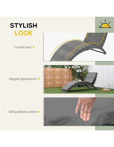 Outsunny Garden Patio Rattan Wicker Folding Sun Lounger Recliner Bed Chair with Cushion for Outdoor, Grey - pic 14673 | FastDaddyshop