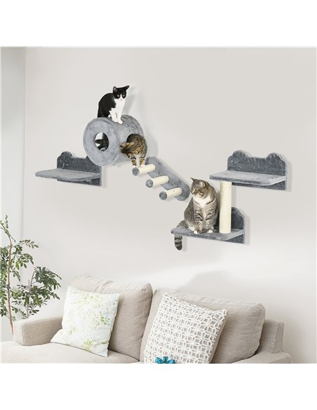 PawHut 4PCs Wall-Mounted Cat Tree, with Steps, Perch, Cat House - Grey - pic 146730 | FastDaddyshop