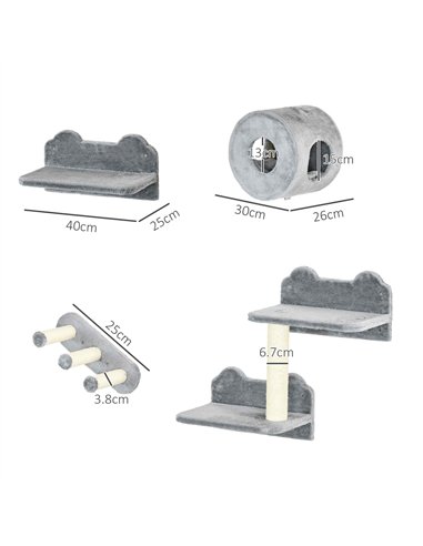 PawHut 4PCs Wall-Mounted Cat Tree, with Steps, Perch, Cat House - Grey