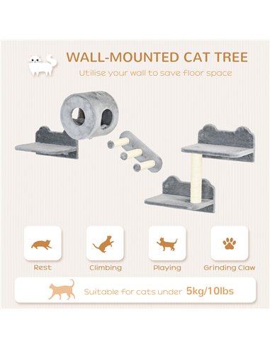 PawHut 4PCs Wall-Mounted Cat Tree, with Steps, Perch, Cat House - Grey