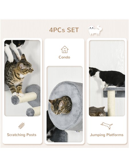 PawHut 4PCs Wall-Mounted Cat Tree, with Steps, Perch, Cat House - Grey - pic 146733 | FastDaddyshop