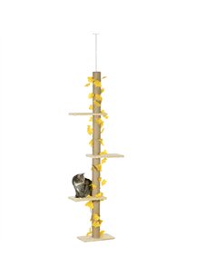 PawHut 242cm Adjustable Floor-To-Ceiling Cat Tree, with Artificial Decoration, Perches, Anti-Slip Kit - Yellow