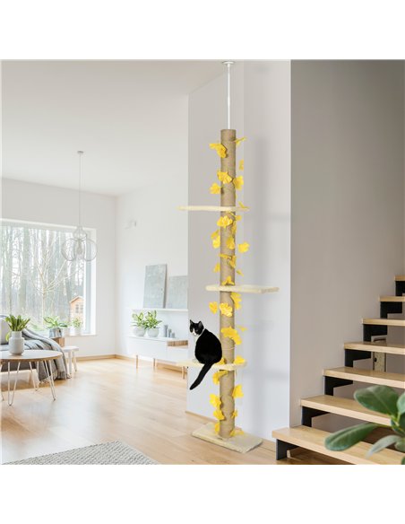 PawHut 242cm Adjustable Floor-To-Ceiling Cat Tree, with Artificial Decoration, Perches, Anti-Slip Kit - Yellow - pic 146739 | FastDaddyshop