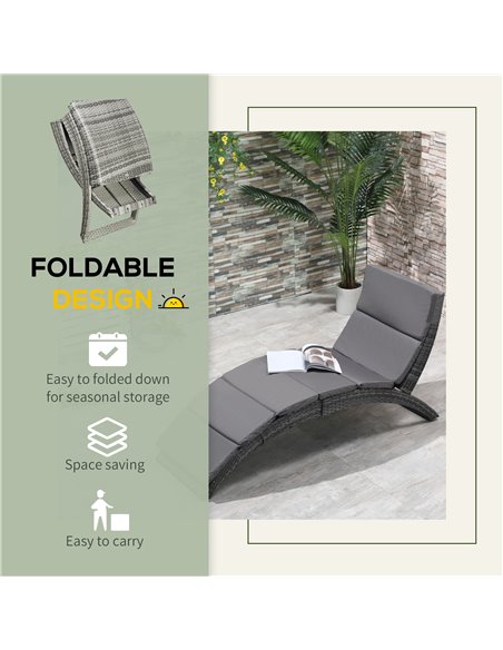 Outsunny Garden Patio Rattan Wicker Folding Sun Lounger Recliner Bed Chair with Cushion for Outdoor, Grey - pic 14674 | FastDaddyshop