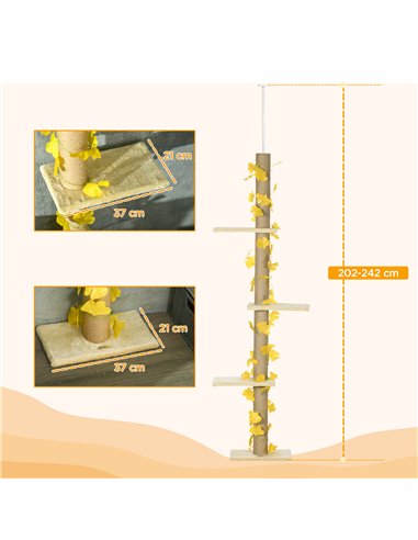 PawHut 242cm Adjustable Floor-To-Ceiling Cat Tree, with Artificial Decoration, Perches, Anti-Slip Kit - Yellow