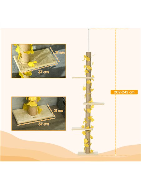 PawHut 242cm Adjustable Floor-To-Ceiling Cat Tree, with Artificial Decoration, Perches, Anti-Slip Kit - Yellow - pic 146740 | FastDaddyshop