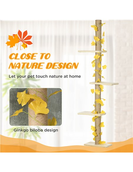 PawHut 242cm Adjustable Floor-To-Ceiling Cat Tree, with Artificial Decoration, Perches, Anti-Slip Kit - Yellow - pic 146741 | FastDaddyshop