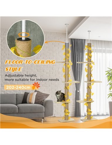 PawHut 242cm Adjustable Floor-To-Ceiling Cat Tree, with Artificial Decoration, Perches, Anti-Slip Kit - Yellow