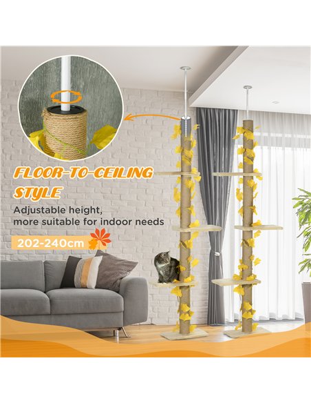 PawHut 242cm Adjustable Floor-To-Ceiling Cat Tree, with Artificial Decoration, Perches, Anti-Slip Kit - Yellow - pic 146742 | FastDaddyshop
