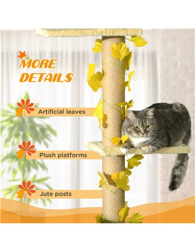 PawHut 242cm Adjustable Floor-To-Ceiling Cat Tree, with Artificial Decoration, Perches, Anti-Slip Kit - Yellow