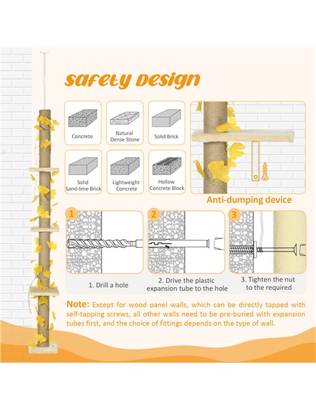 PawHut 242cm Adjustable Floor-To-Ceiling Cat Tree, with Artificial Decoration, Perches, Anti-Slip Kit - Yellow - pic 146744 | FastDaddyshop