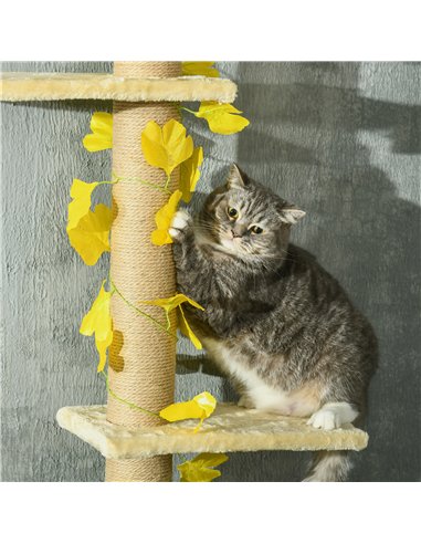 PawHut 242cm Adjustable Floor-To-Ceiling Cat Tree, with Artificial Decoration, Perches, Anti-Slip Kit - Yellow