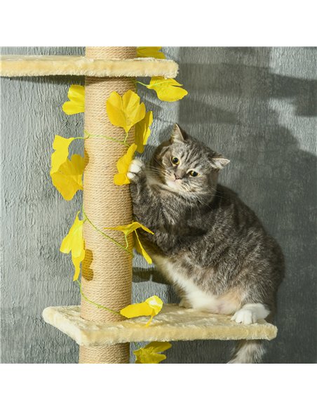 PawHut 242cm Adjustable Floor-To-Ceiling Cat Tree, with Artificial Decoration, Perches, Anti-Slip Kit - Yellow - pic 146746 | FastDaddyshop
