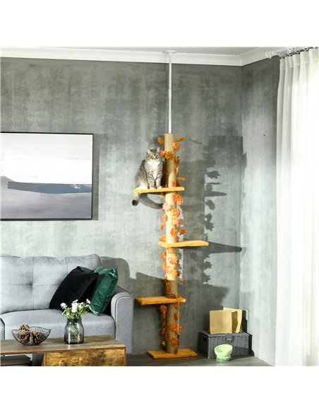 PawHut 242cm Adjustable Floor-To-Ceiling Cat Tree, with Artificial Decoration, Perches, Anti-Slip Kit - Orange - pic 146748 | FastDaddyshop