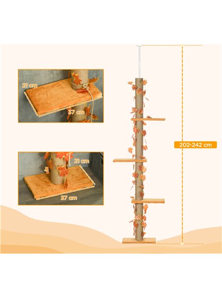 PawHut 242cm Adjustable Floor-To-Ceiling Cat Tree, with Artificial Decoration, Perches, Anti-Slip Kit - Orange - pic 146749 | FastDaddyshop