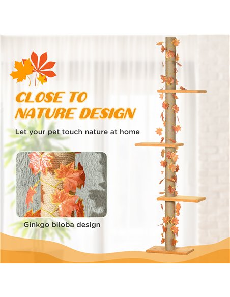 PawHut 242cm Adjustable Floor-To-Ceiling Cat Tree, with Artificial Decoration, Perches, Anti-Slip Kit - Orange - pic 146750 | FastDaddyshop