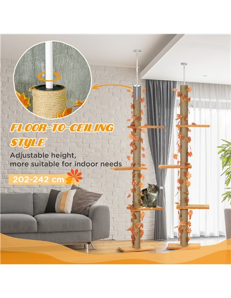 PawHut 242cm Adjustable Floor-To-Ceiling Cat Tree, with Artificial Decoration, Perches, Anti-Slip Kit - Orange - pic 146751 | FastDaddyshop