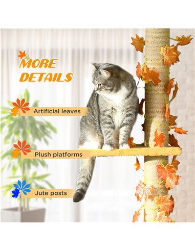 PawHut 242cm Adjustable Floor-To-Ceiling Cat Tree, with Artificial Decoration, Perches, Anti-Slip Kit - Orange