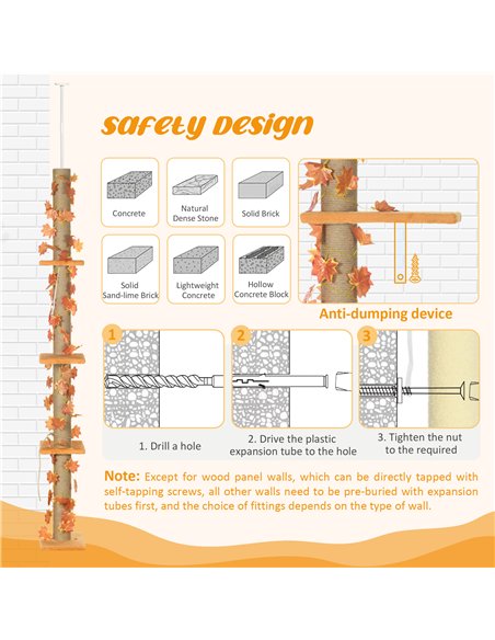 PawHut 242cm Adjustable Floor-To-Ceiling Cat Tree, with Artificial Decoration, Perches, Anti-Slip Kit - Orange - pic 146753 | FastDaddyshop
