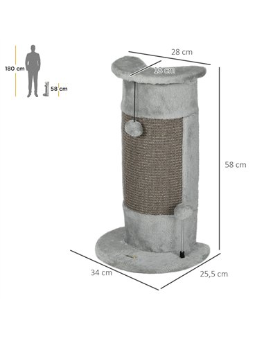 PawHut 58cm Cat Scratching Post, with Covered Plush, Play Balls, for Corner Walls - Grey