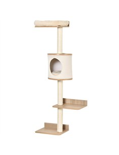 PawHut Wall-Mounted Cat Tree, with Cat House, Bed, Scratching Post - Beige