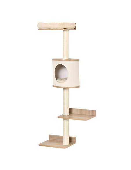 PawHut Wall-Mounted Cat Tree, with Cat House, Bed, Scratching Post - Beige - pic 146774 | FastDaddyshop
