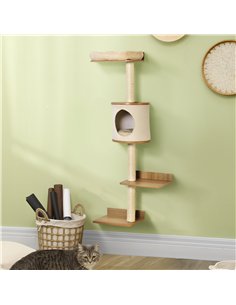 PawHut Wall-Mounted Cat Tree, with Cat House, Bed, Scratching Post - Beige 2