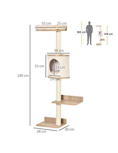 PawHut Wall-Mounted Cat Tree, with Cat House, Bed, Scratching Post - Beige