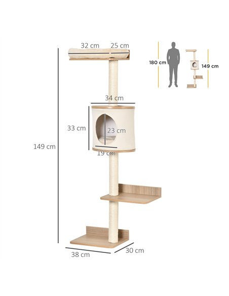 PawHut Wall-Mounted Cat Tree, with Cat House, Bed, Scratching Post - Beige - pic 146776 | FastDaddyshop