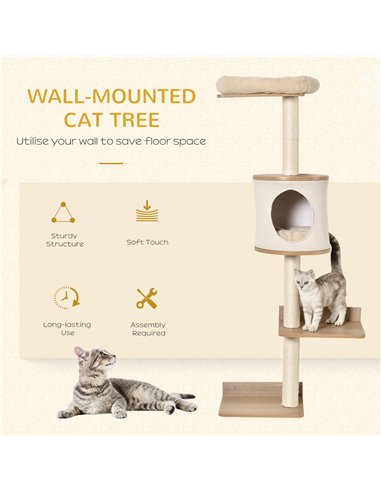 PawHut Wall-Mounted Cat Tree, with Cat House, Bed, Scratching Post - Beige