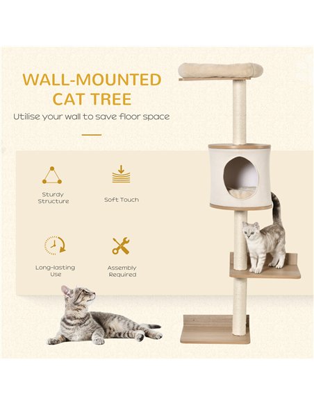 PawHut Wall-Mounted Cat Tree, with Cat House, Bed, Scratching Post - Beige - pic 146777 | FastDaddyshop