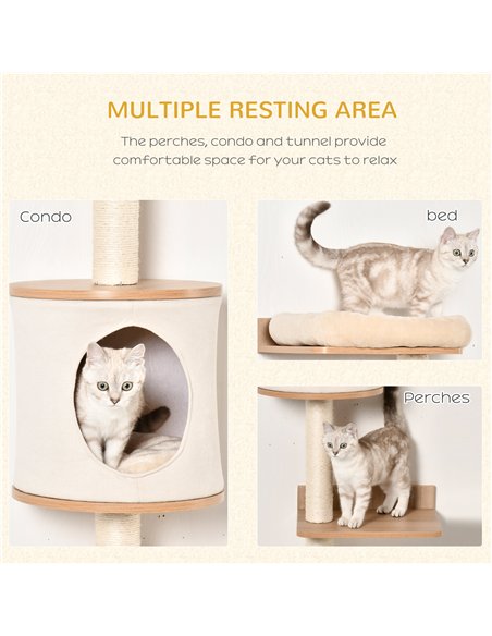 PawHut Wall-Mounted Cat Tree, with Cat House, Bed, Scratching Post - Beige - pic 146778 | FastDaddyshop