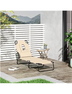 Outsunny Foldable Reclining Sun Lounger with Pillow and Reading Hole, Beige 2