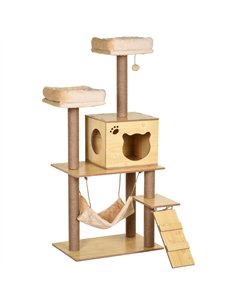 PawHut 130cm Cat Tree for Indoor Cats, Multi-Level Plush Cat Tower, with Five Scratching Posts, Two Perches, Cat House, Hammock