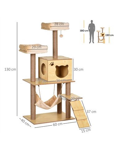 PawHut 130cm Cat Tree for Indoor Cats, Multi-Level Plush Cat Tower, with Five Scratching Posts, Two Perches, Cat House, Hammock