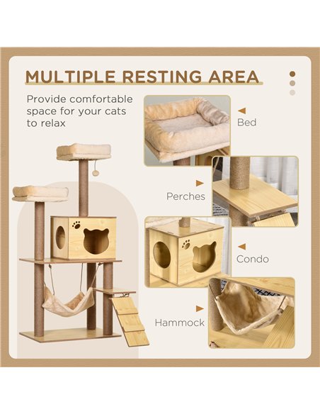 PawHut 130cm Cat Tree for Indoor Cats, Multi-Level Plush Cat Tower, with Five Scratching Posts, Two Perches, Cat House, Hammock - pic 146786 | FastDaddyshop