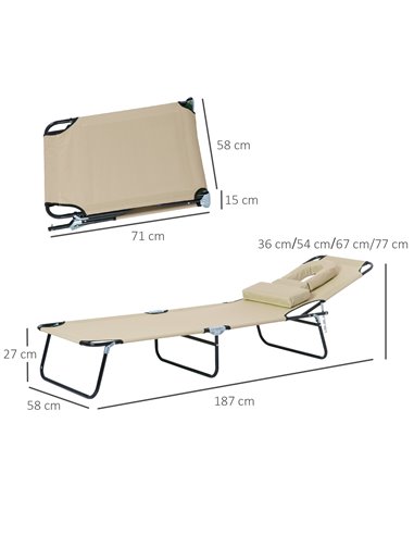 Outsunny Sun Lounger Foldable Reclining Chair with Pillow and Reading Hole Garden Beach Outdoor Recliner Adjustable Beige