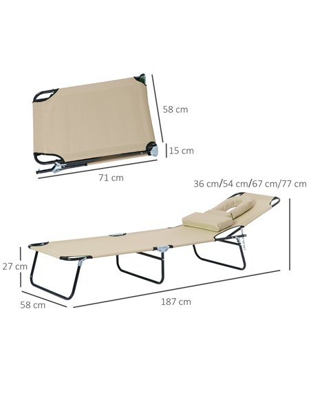 Outsunny Sun Lounger Foldable Reclining Chair with Pillow and Reading Hole Garden Beach Outdoor Recliner Adjustable Beige - pic 14679 | FastDaddyshop