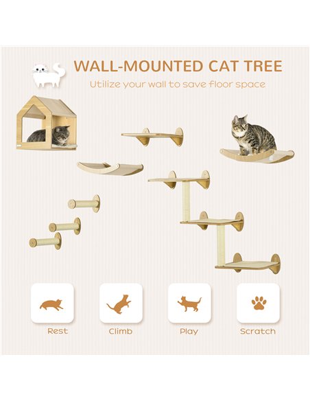 PawHut 8 Piece Cat Shelves Set, with Cat House, Three Perches, Three Scratching Posts - pic 146795 | FastDaddyshop