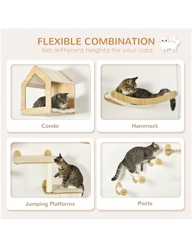 PawHut 8 Piece Cat Shelves Set, with Cat House, Three Perches, Three Scratching Posts
