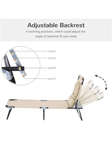 Outsunny Sun Lounger Foldable Reclining Chair with Pillow and Reading Hole Garden Beach Outdoor Recliner Adjustable Beige - pic 14680 | FastDaddyshop
